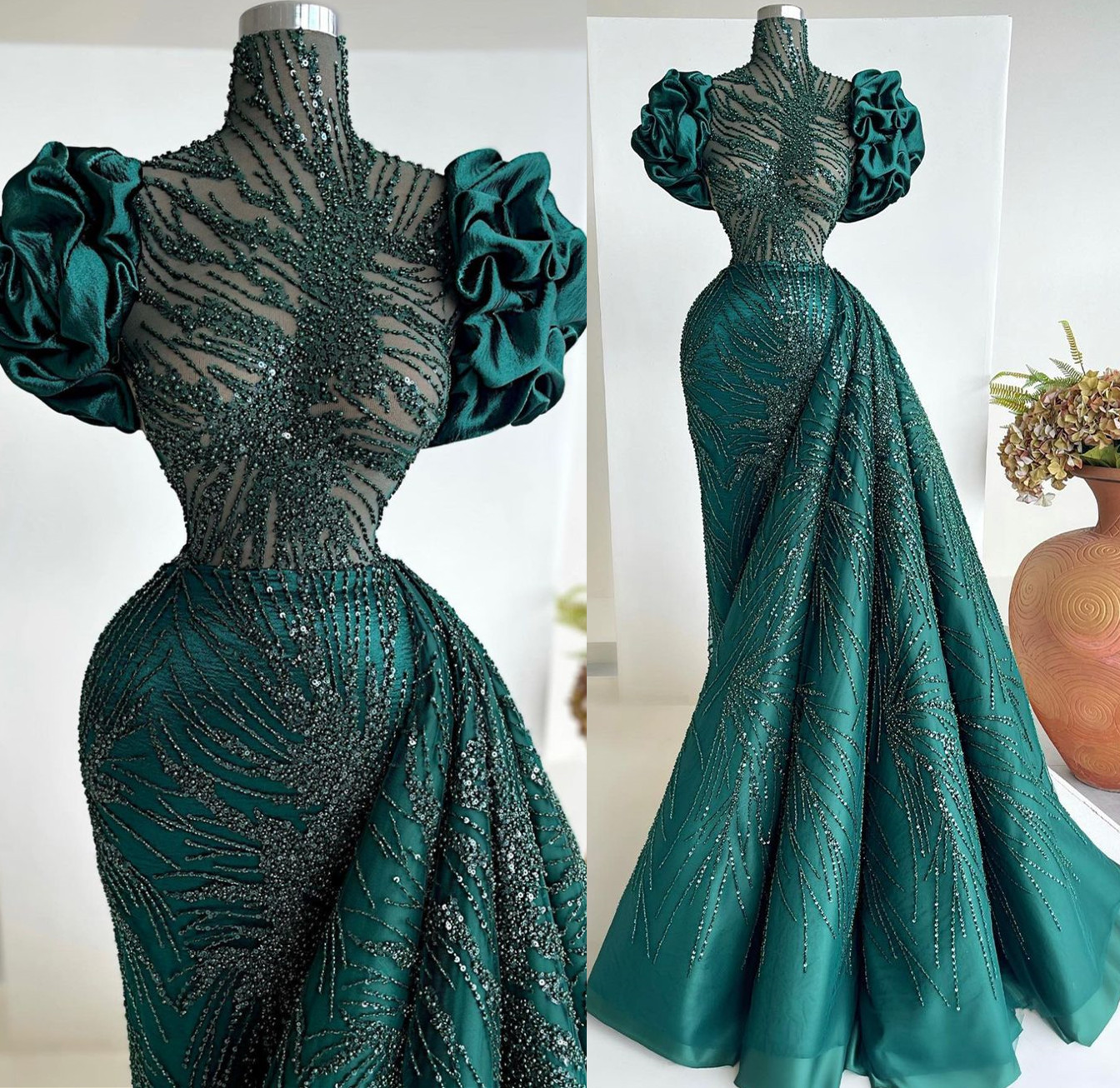 Plus Size Arabic Aso Ebi Dark Green Luxurious Prom Dresses Beaded Sheath Evening Formal Party Second Reception Birthday Engagement Gowns Dress ZJ664
