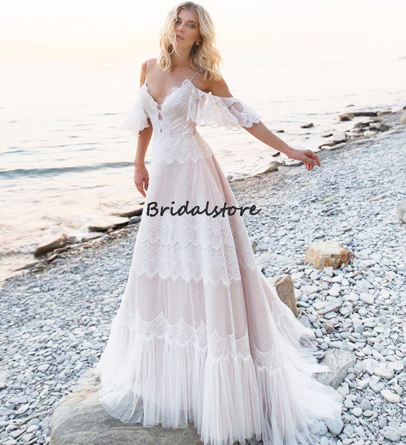 Chic Fairy Boho Lace Wedding Dress 2022 A Line Spaghetti Straps Cupcakes Beach Robe De Mariée Corset Back Civil Hippies Bohemian Country Bride Dresses