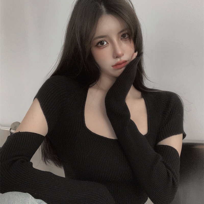 Y2k Knitted T-shirt Women's Fall/winter Square Neckline, Black Tight-fitting Hollow Out Short, Inner Sweater Tops 220328