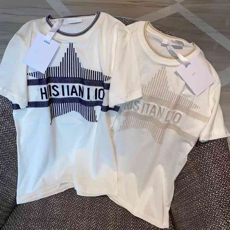 T-shirts womens new style five pointed star gold embroidered round neck rib women' T-shirt, White black star
T-shirts womens new style five pointed star gold embroidered round neck rib women' T-shirt, White black star