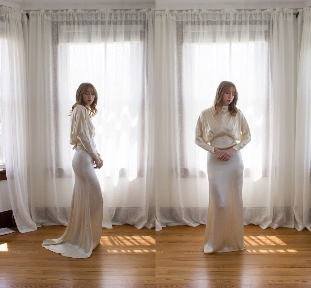 Vintage 1930's Wedding Dress with Dolman sleeves bias cut art deco Silk Crepe Long Sleeve Mermaid Country Bridal Gown