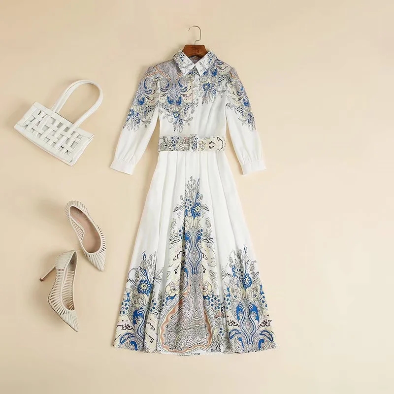 Women's Runway Dresses Turn Down Collar 3/4 Sleeves Printed High Street Fashion Dress Vestidos