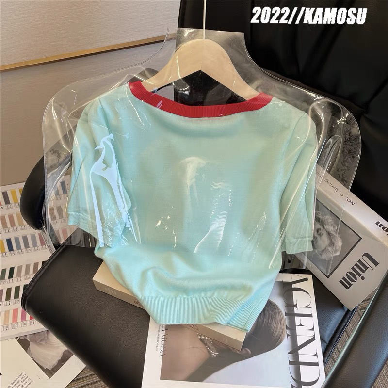 New womens square collar letter print knitted short sleeve sweater top plus size SMLXLXXL