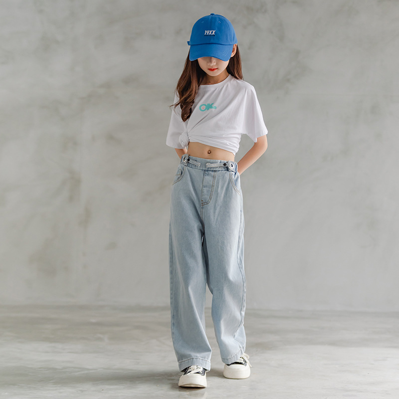 Jeans for Girls Autumn Clothes for Teenagers Solid Loose Kids Wide Leg Pants Fashion Casual Children Trousers Girl Clothing 14 Y 220512