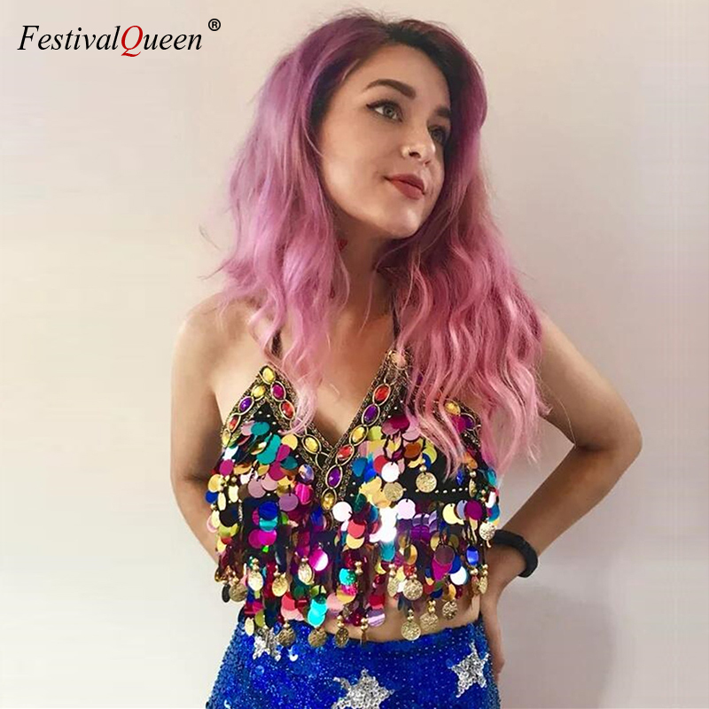 Sexy Sequin Tassel Mermaid Cami Crop Top Women Rainbow Coins Beading Backless Chiffon Party Dance Club Cropped 220325