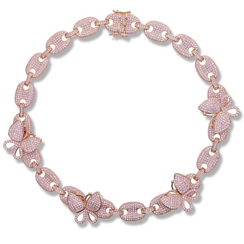 Chains 15" 16" Iced Out Pink CZ Butterfly Choker Necklace For Hip Hop Fashion Punk Women Coffee Bean Link Chain Party Jewelry Whol
Chains 15" 16" Iced Out Pink CZ Butterfly Choker Necklace For Hip Hop Fashion Punk Women Coffee Bean Link Chain Party Jewelry Whol