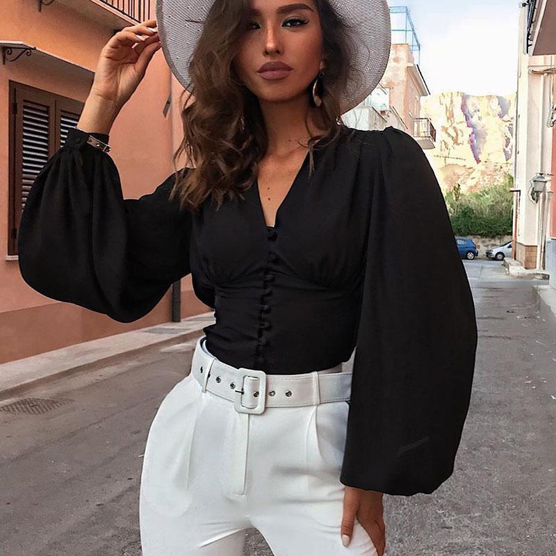 Spring Women Elegant Blouse Lantern Long Sleeve Tops V Neck Crop Top Fashion Shirts Button Down Blouses Clothing Women, Black 
Spring Women Elegant Blouse Lantern Long Sleeve Tops V Neck Crop Top Fashion Shirts Button Down Blouses Clothing Women, Black