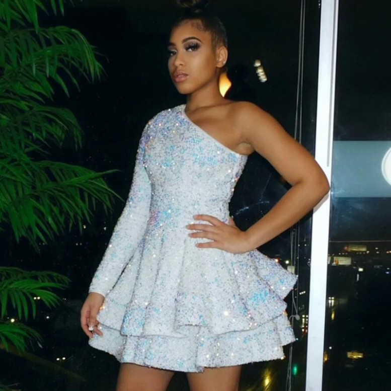 Sparkling Short V Neck Prom Dresses 2022 Sequin Birthday Party Gown One Shoulder Robe De Soiree