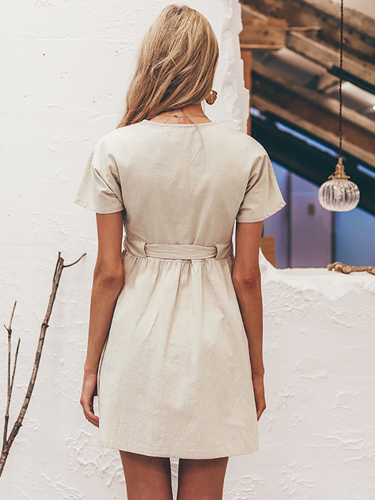 Vintage buttons women dress shirt V neck short sleeve cotton linen short summer office dresses Casual korean vestidos 220511