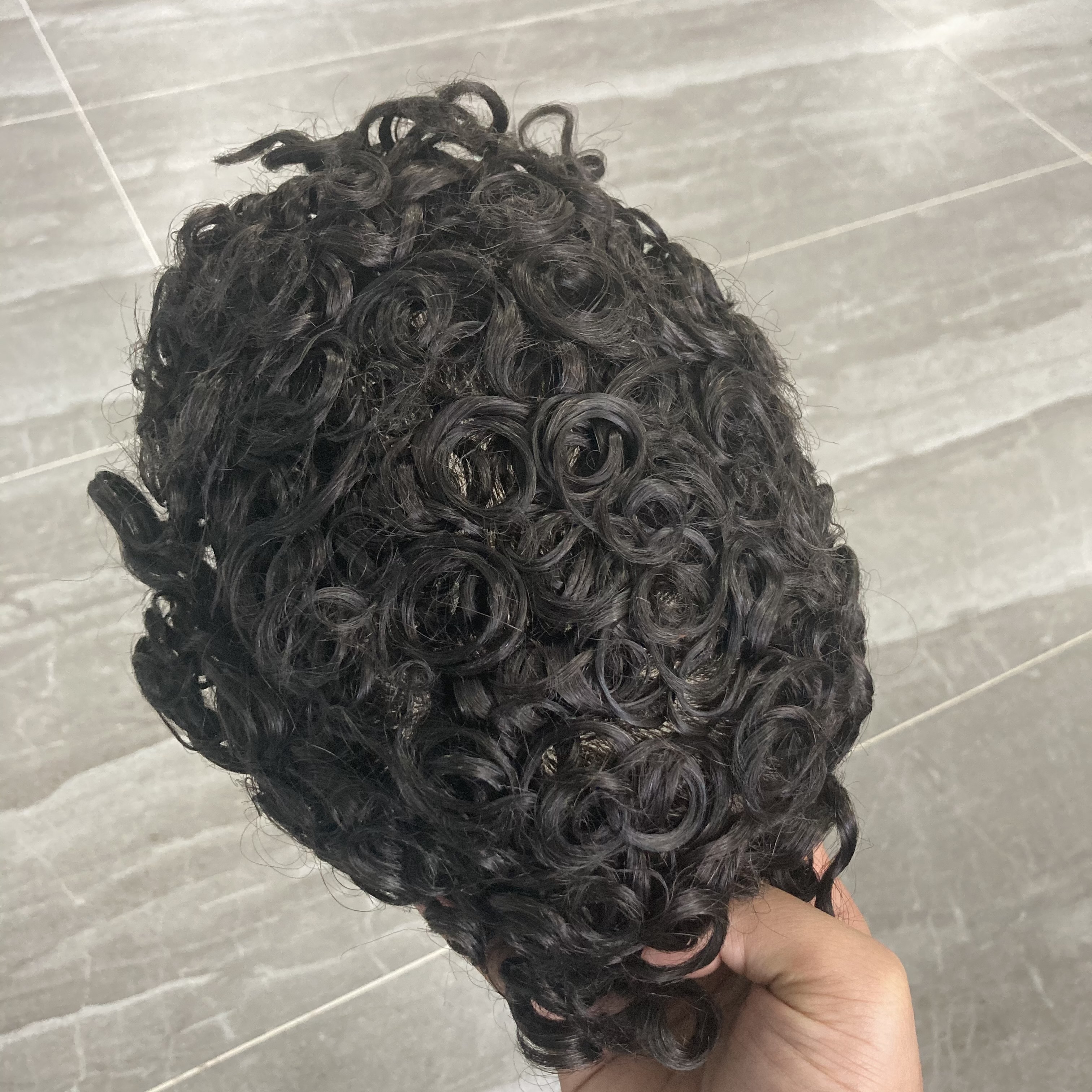 20MM Curly Durable Skin Base Brown Men's Wig Real Human Hair Toupee Replacement System #1B Color 8x10inch