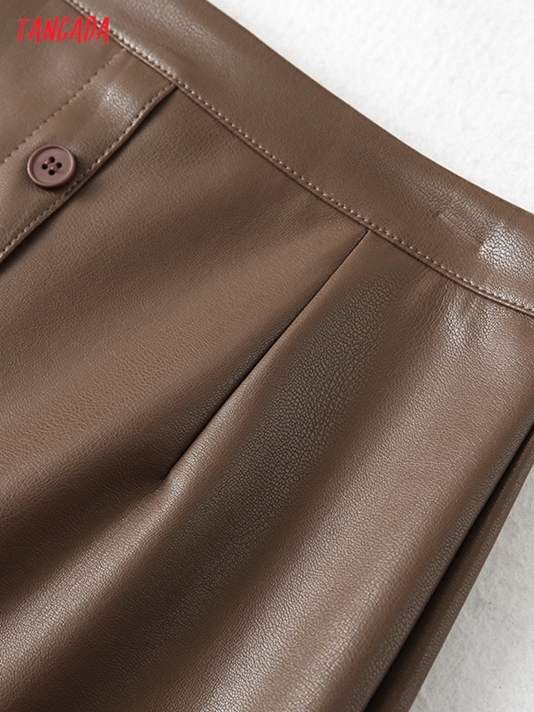 Tangada Women Brown Faux Leather Midi Skirt Vintage Back Zipper Ladies Chic Mid Calf Skirts YU184 220322