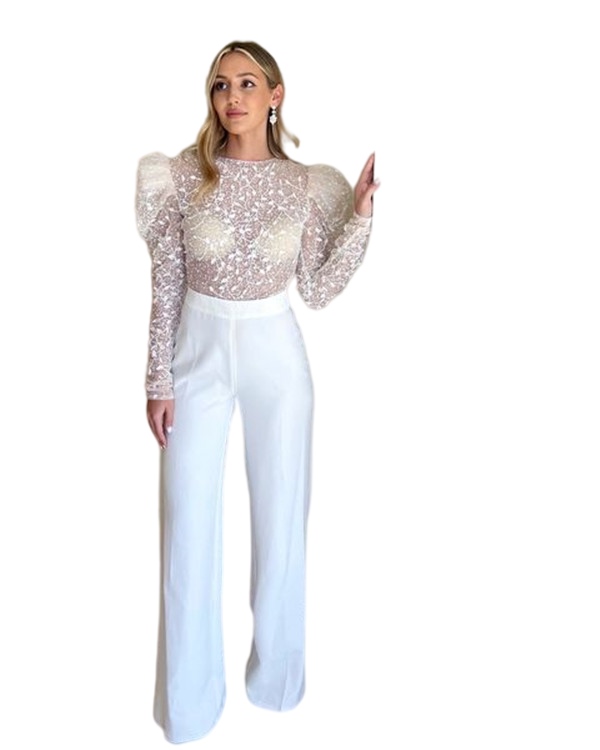 Backless Beach Long Sleeve Wedding Jumpsuit Dresses 2022 Sparkly Lace Beaded Outdoor Bohemian Bridal Gown Pant Suit