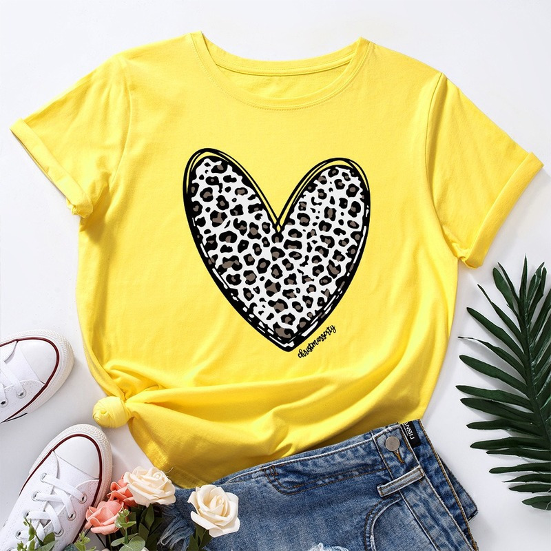 Summer Women Cotton 100% T Shirts Short Sleeve Fashion Heart Leopard Print Ladies Casual Graphic Clothes Female Regular Tee Tops 220321