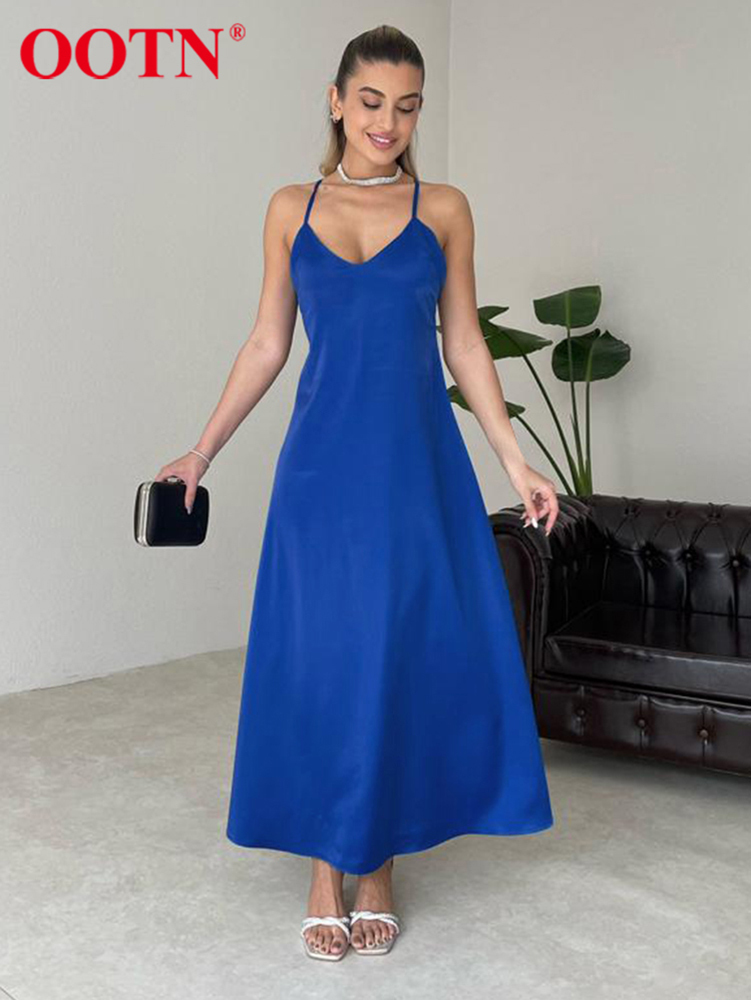 OOTN Satin V-Neck Strap Party Dress Sexy Backless Cross Bandage Prom Dress Blue Summer A-Line Thin Maxi Dress Women Elegant Chic 220511