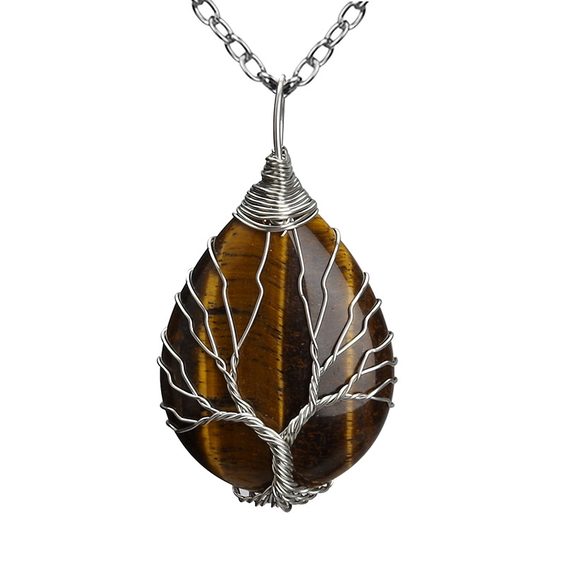 Silver Brass Wire Wrapped Tree of Life Natural Crystals Agate Pendant Necklace Healing Stone Necklaces