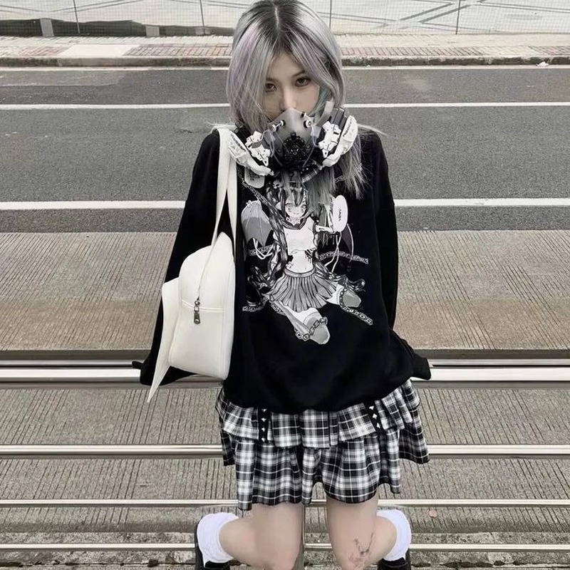 HOUZHOU Gothic Mall Goth Plaid Skirt Women Harajuku Punk Rivet Black Double-layer High-waisted Mini Skirts Dark Academia Grunge 220322