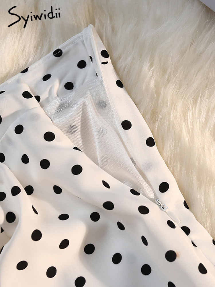 Syiwidii Shirring Side Slit Womens Skirts Polka Dot Print White High Waist Back Elastic Band Elegant Ladies Midi Long Skirt 220701