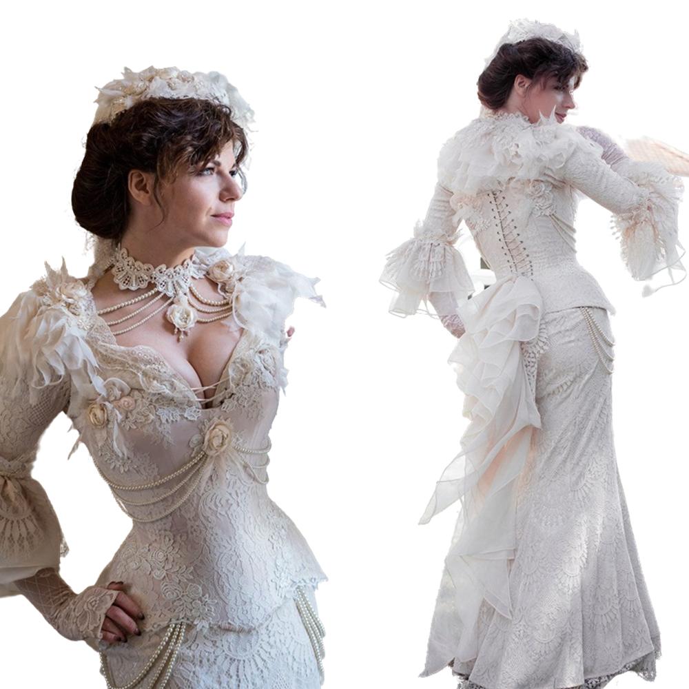Vintage Victorian Mermaid Wedding Dress Long Sleeve Ruffle Gothic Wedding Gowns lace-up Corset Retro Ivory Bridal Dresses Black Color