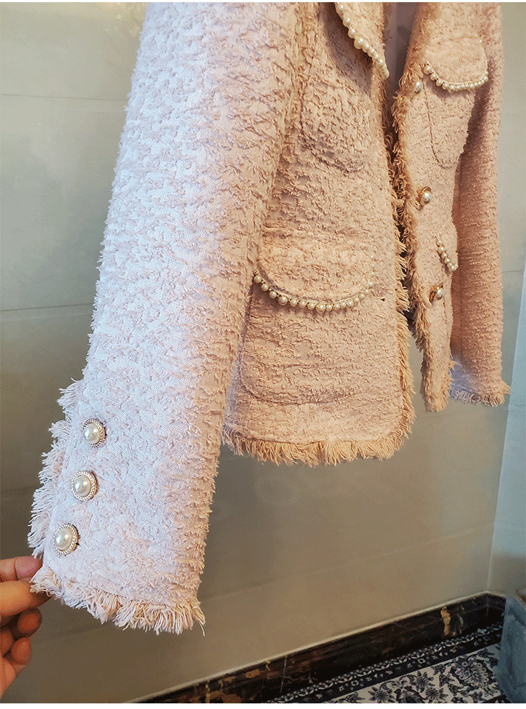 New Autumn fashion womens o-neck tassel fringe single breasted tweed woolen beading jacket coat plus size casacos SML