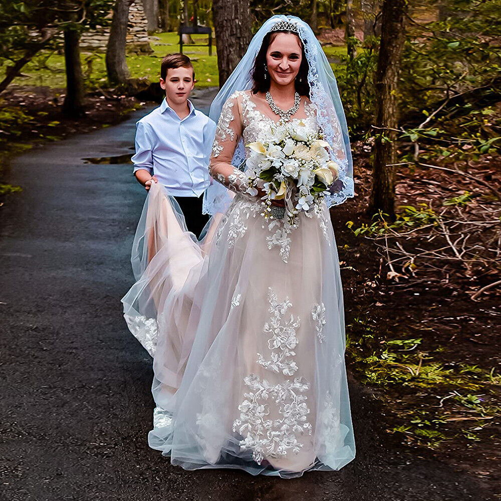 Romantic Long Sleeve Country A Line Wedding Dress Champagne Lining And Ivory Floral Lace Bridal Gowns Bohemian Fall Spring Long Train Bride Dresses