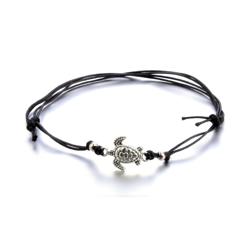 Adjustable Bohemian Ancient Silver Sea Turtle Anklet Bracelet Chain for Women Blue Black Wish Braided Rope Foot Chain Ankle Bracelets Summer Ocean Bea