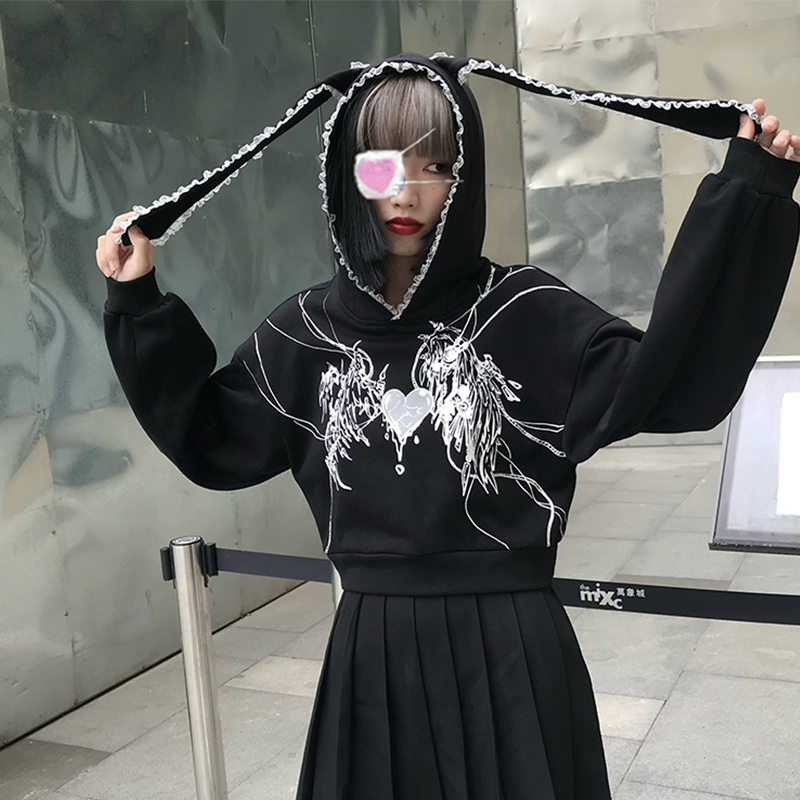 Y2k Harajuku Sweatshirts Gothic Grunge Mechanical Rabbit Ears Hooded Black Hoodie Women Autumn Punk Hoodies Fashion Streetwear 220816
