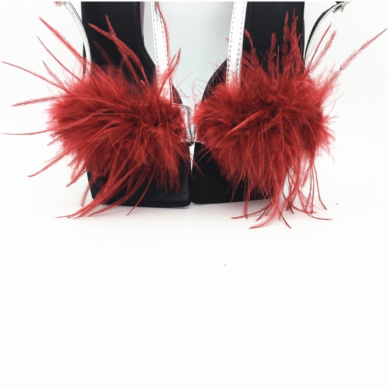 Mstacchi Summer Women Sandals A Word Type Strap Strange Heel True Feather Sandals Ornaments Alien Heel Ladies Party Shoes Woman 210226