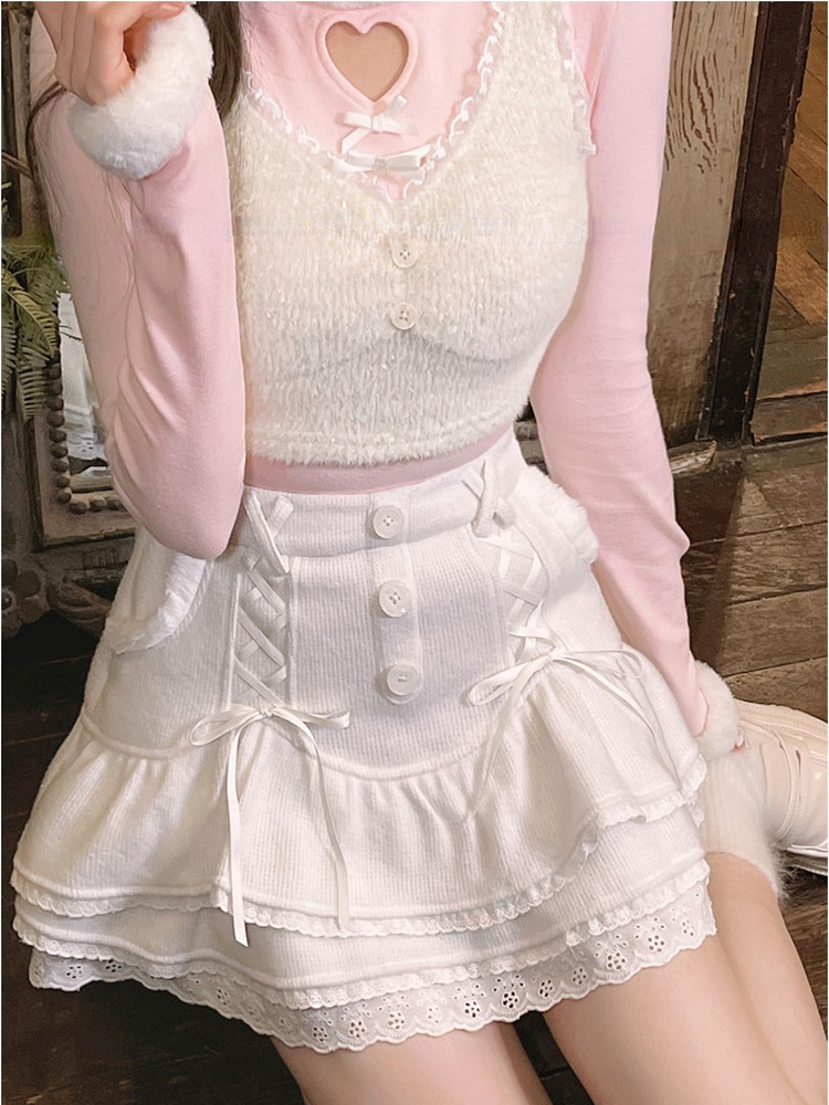Winter Pink Kawaii Lolita Vest Women Lace Japanese Casual Sweet Cute Tanks Bow Warm Princess Camisole Korean Style Clothing 220325