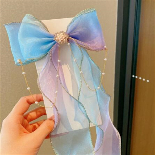 Children's knitting bowknot hairpin colorful bead chain long ribbon female headdress sweet Korean version mesh hairpin s14, Photo
Children's knitting bowknot hairpin colorful bead chain long ribbon female headdress sweet Korean version mesh hairpin s14, Photo