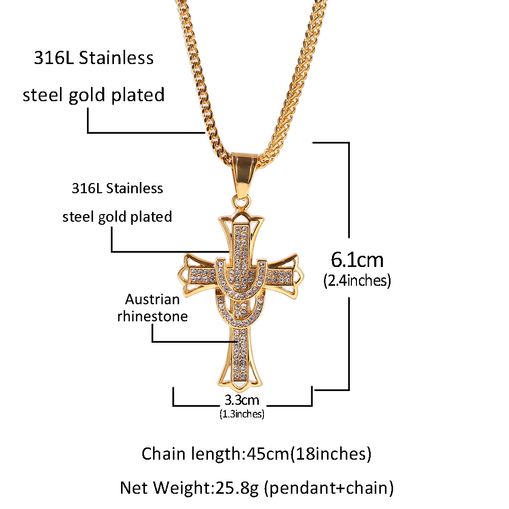 Shining Cross Pendants Necklace Jewelry Stainless Steel 18K Real Gold Plated Men Gift Religious Jewelry