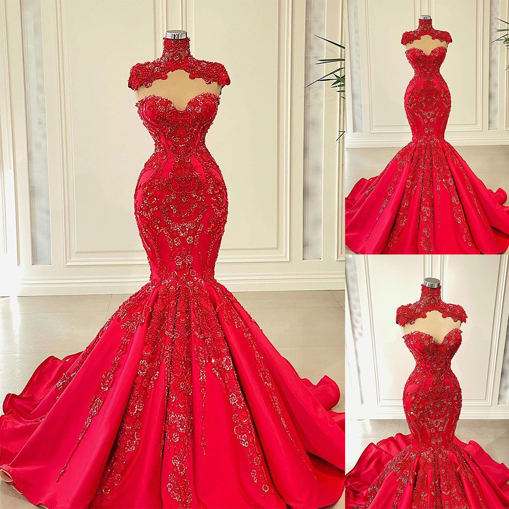 Red Mermaid Wedding Dress with Sleeveless High Collar Applique: Custom Made Formal Ocn Gown