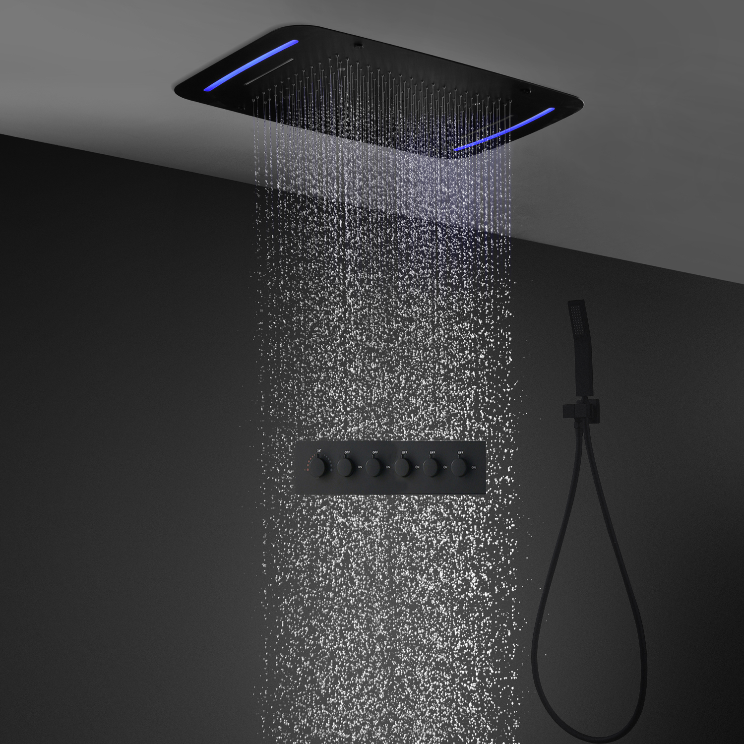 Bathroom Accessories 5 Functions Black Shower set Ceiling Big LED Rainfall Showerhead Kits 710X430MM Thermostatic Mixer Faucets