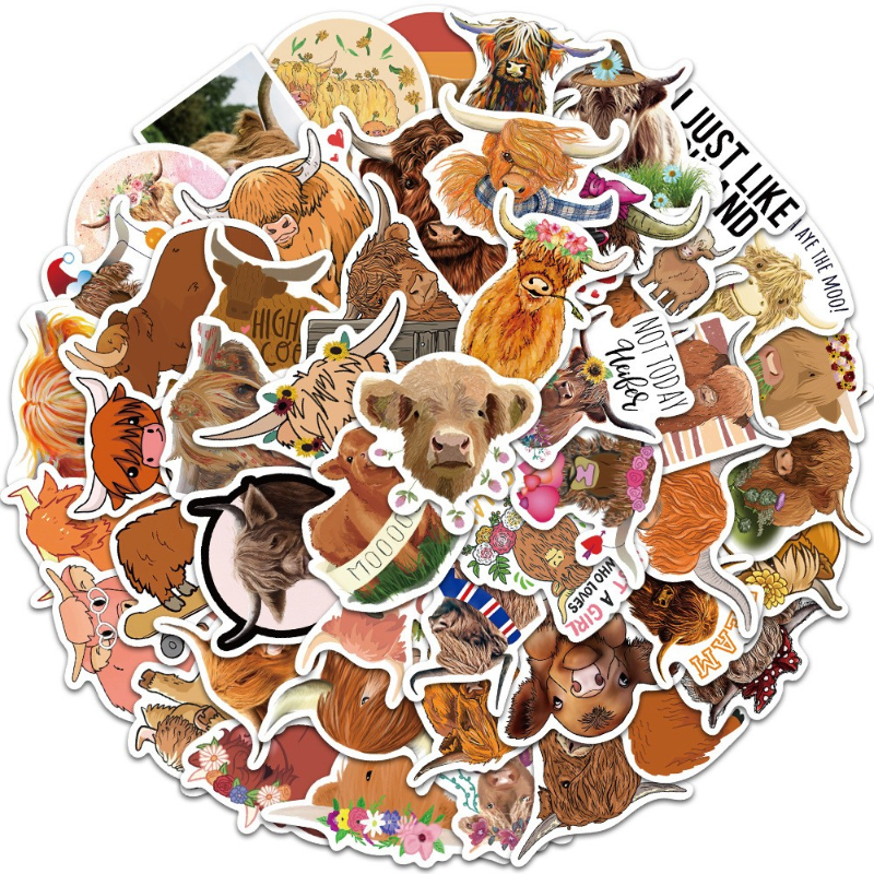 50Pcs/Lot Cute and funny Highland cattle Sticker kyloe Cow Stickers Graffiti Kids Toy Skateboard Phone Laptop Luggage Sticker Decals