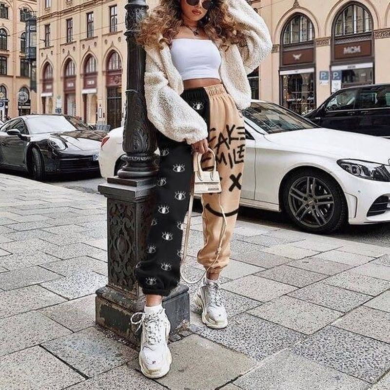 Wide Leg Pant High Waist Sweatpants Autumn Sportwear Ladies Casual Sun and Moon Print Loose Bottoms Pant Trousers 220325