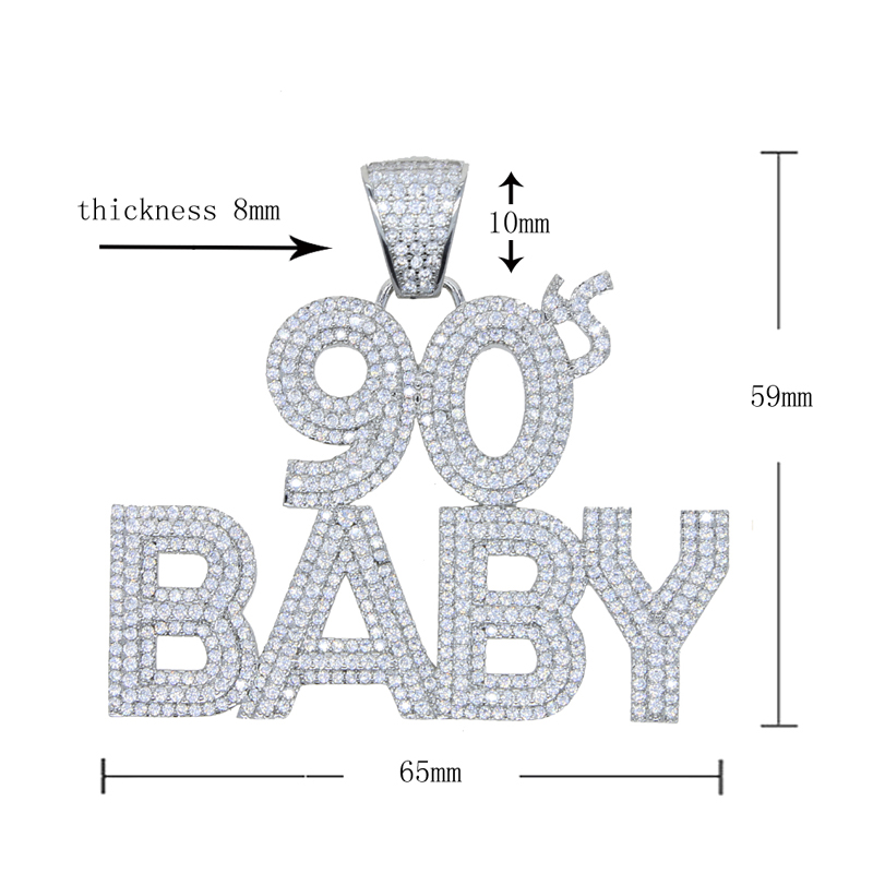 Iced Out Bling Hip Hop CZ Letters 90S BABY Pendant Necklace Gold Silver Color Zircon 90 Charm Necklace Men's Women Jewelry