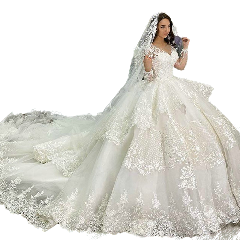 Luxury Long Sleeve Tiered Skirt Ball Gown Wedding Dresses Chapel Train Ivory Bridal Gowns V-Neck Plus Size Lace Appliqued Wedding Dress Custom Made Ro