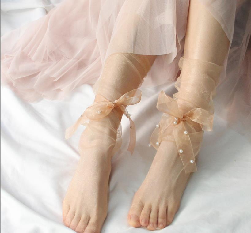 Womens Sheer Slouch Socks Girls Pearl Bow Ultra Thin Mesh Ankle Sock Lace Loose Transparent See Through Novelty Tulle Decorated Midle Socks Black Whit