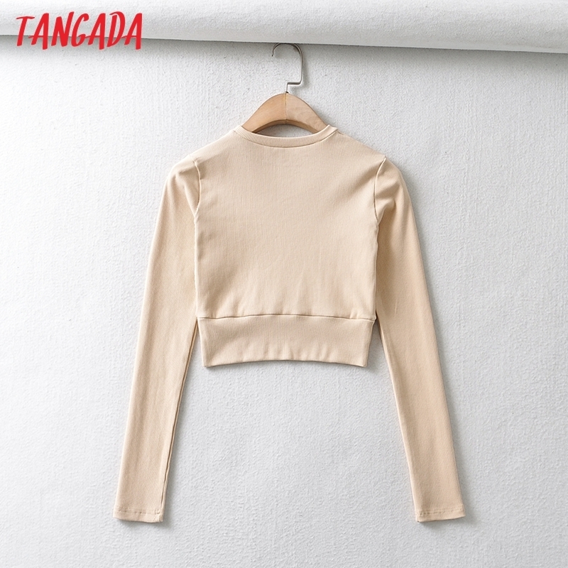 Tangada Women Basic Strethy Crop Cotton T Shirt Long Sleeve O Neck Tees Ladies Casual Tee Street Wear Top CH7 220321