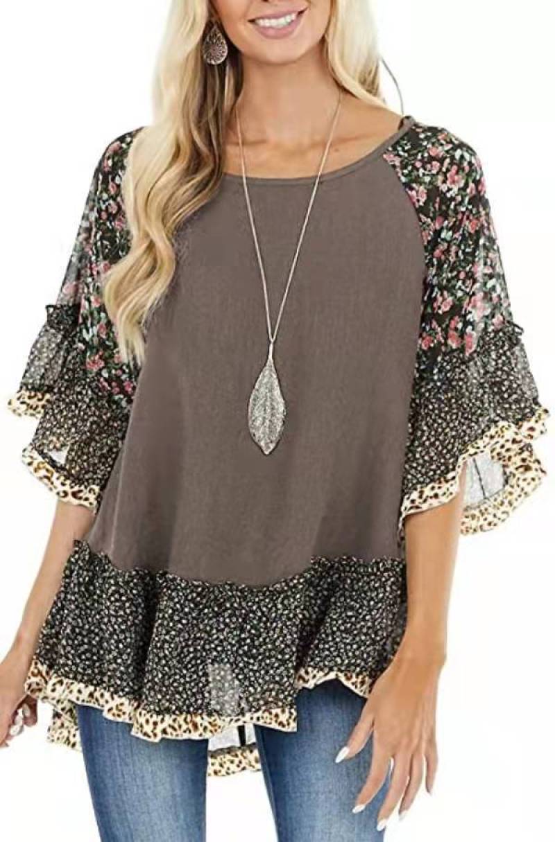 Casual Fashion Printed Lace Patchwork Leopard T shirt Spring Summer Half Flare Sleeve O neck Loose Top Women s Clothing 220728