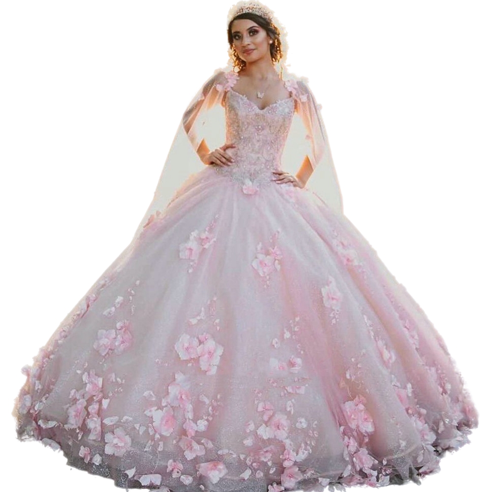Princess Pink Flowers Quinceanera Dresses With Cap Off Shoulder Corset Ball Gown Long Tulle Prom Party Gowns Chic Floral Cinderella Sweet 16 Dress Ves