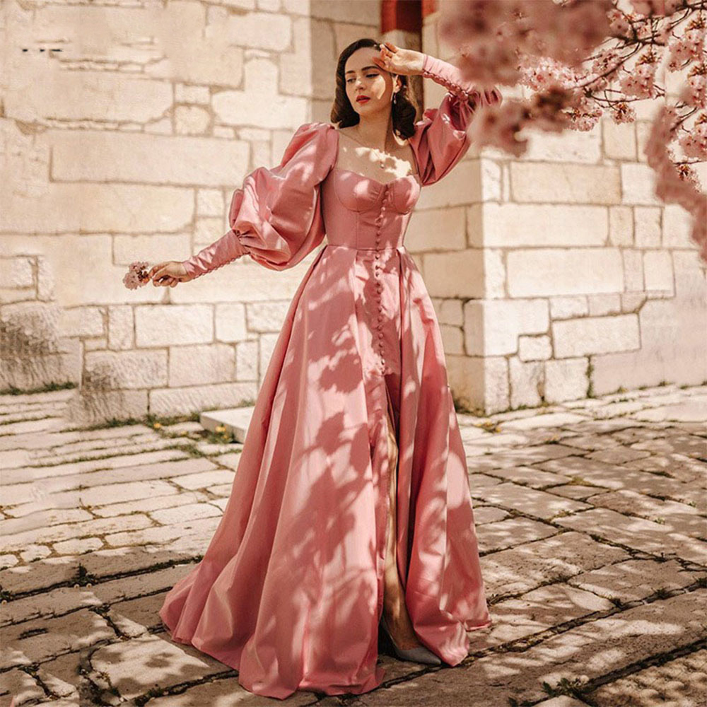 Pink Elegant Long Puff Sleeves Square Neck Satin Prom Dresses Split Princess Party Gowns Floor Length Modern, Chocolate
Pink Elegant Long Puff Sleeves Square Neck Satin Prom Dresses Split Princess Party Gowns Floor Length Modern, Chocolate