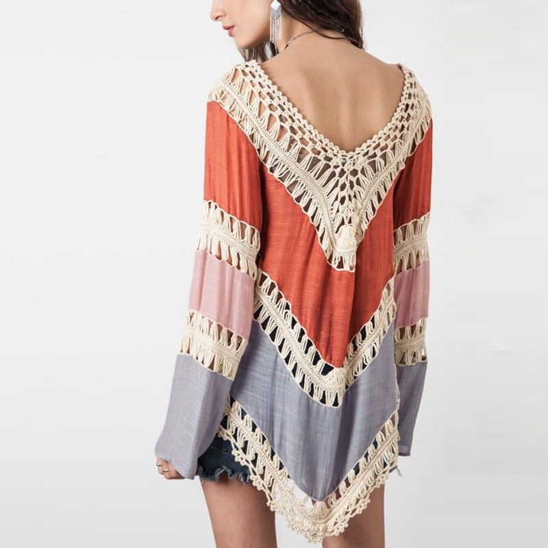 Fashion Womens Long Sleeve Lace Knitwear Pullover Crochet Sweater Top Blouse Women shirt