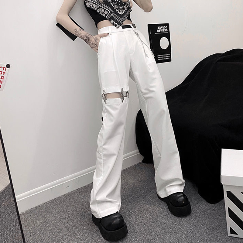 Fashion High Waist Wide Leg Pants Street Harajuku Black Trouser Plus Size Casual Loose Pant (with Belt and Chain) 220325