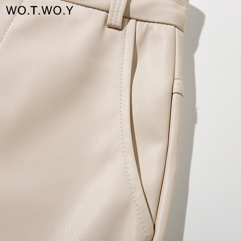 WOTWOY High Waisted Straight Leather Trouser Zipper-Up Casual Fleece PU Pants Female Black White Autumn 220325
