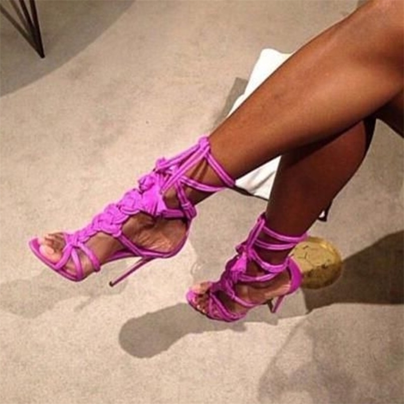 Sexy Rope Knot High Heel Sandals Braided Straps Cut Outs Summer Shoes Lace-up Stiletto Heels Gladiator Pink Brown Green 220328