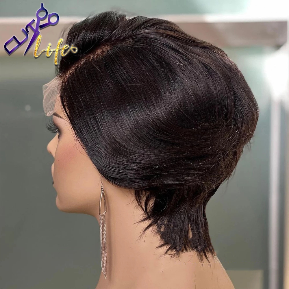 Free shipping Short Pixie Cut Lace Frontal Natutral Black Wavy Bob Wig Human Hair Wigs For Women Remy Pre Plucked Glueless