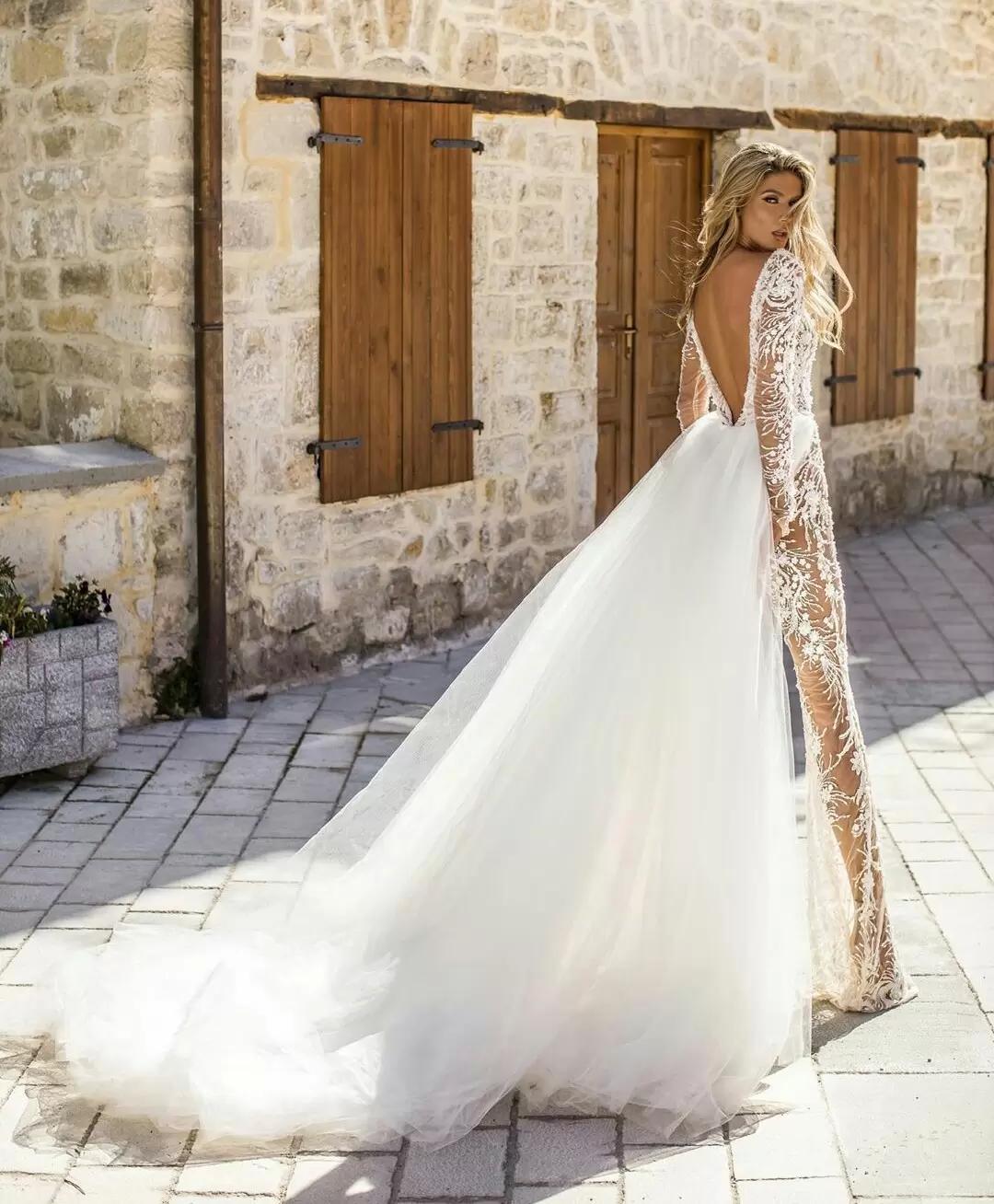 V Deep Neck Lace Jumpsuit See Through Wedding Dresses With Detachable Train Long Sleeve Bridal Gowns Vestido De Novia estido