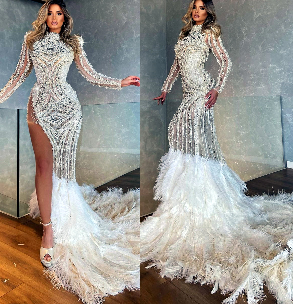 plus size arabic aso ebi luxurious mermaid pearls wedding dress long sleeves feather bridal gowns dresses zj205
