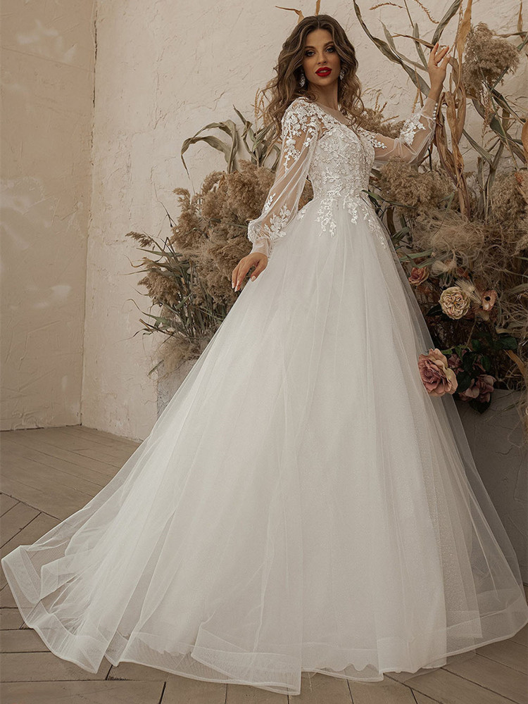 Elegant Ball Gown Wedding Dresses Long Hollow Sleeves V Neck Sequins Appliques Lace Ruffles or Length Bridal Gowns Plus Size robes de soiree