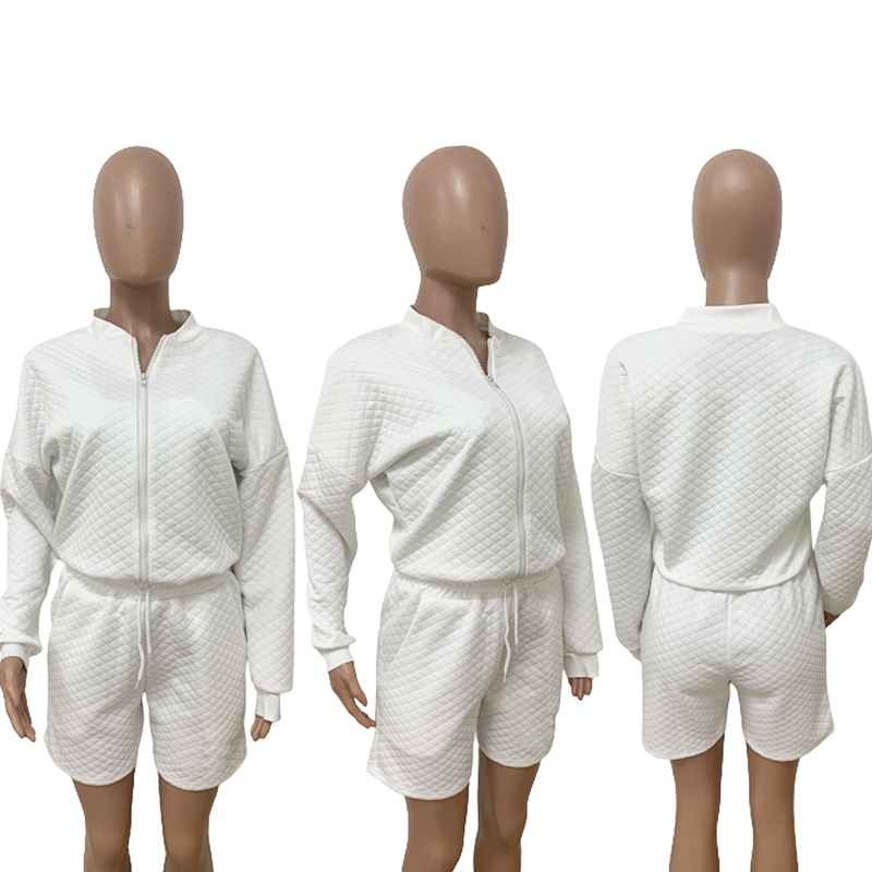 Adogirl Mercerized Cotton Solid Tracksuit Women Casual Active Two Piece Set Zipper Long Sleeve Jacket Top Pockets Shorts Suit 220602